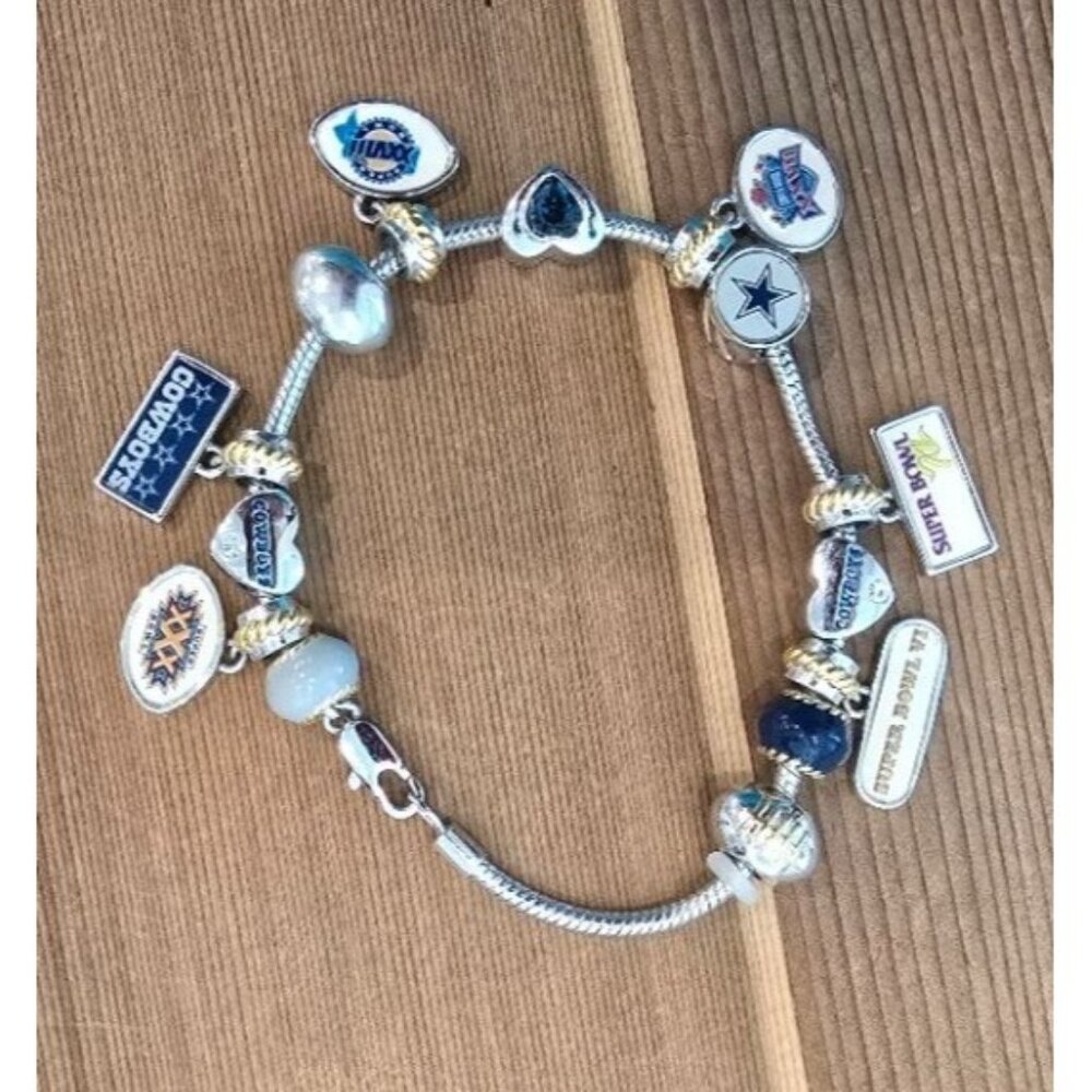 NFL-Themed Charm Bracelet With Silver-Tone Band & Multi-Color Enamel Charms Feat